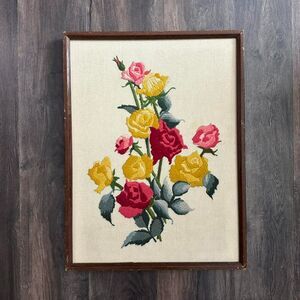Vtg 25x19 XLarge Framed Paragon NeedleCraft Crewel Wall Art Roses Handmade Decor